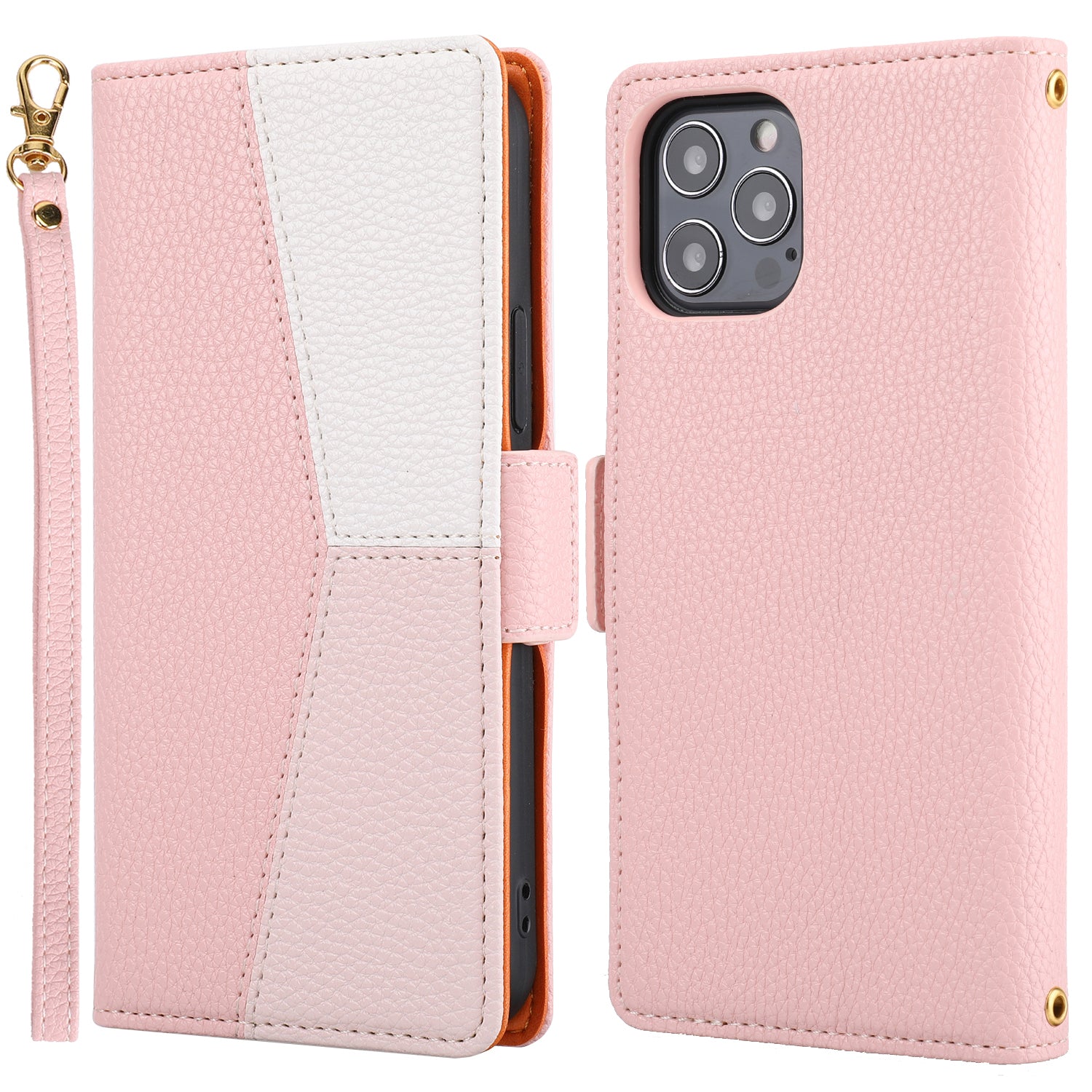 Leather Phone Cover for iPhone 14 Pro Tri-color Splicing Litchi Texture Wallet Phone Stand Case with Strap Leather Phone Cover for iPhone 14 Pro Tri-color Splicing Litchi Texture Wallet Phone Stand Case with Strap